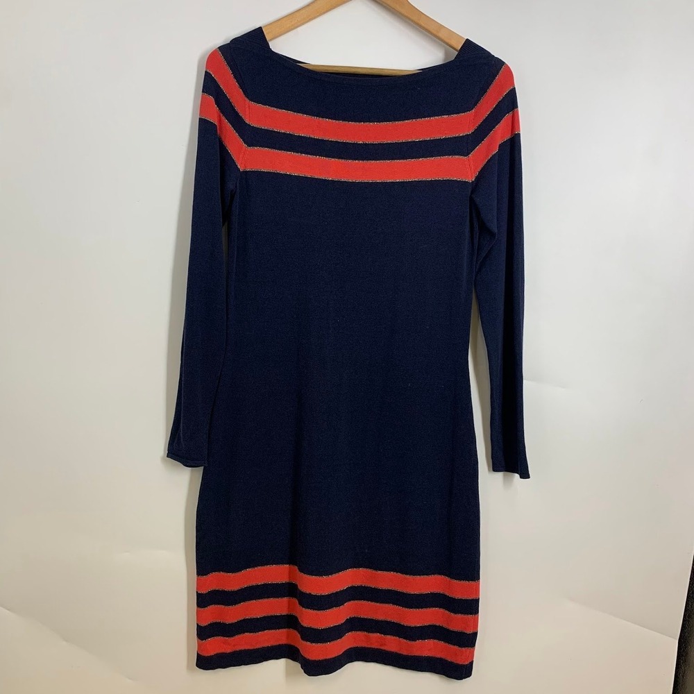 Tommy Bahama Everson Ocean Sweater‎ Dress Navy Coral Stripe Boat Neck Size S